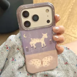 Adorable Deer and Butterfly Bling Phone Case with Shiny Cartoon Design - iPhone 15 (Only case)