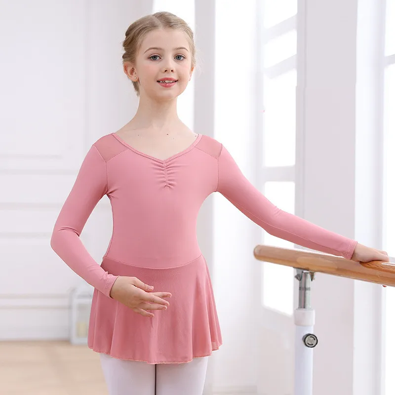 

Kids Girls Ballet Leotard Autumn Long Sleeve Mesh Spliced Dress Professional Stage Gymnastics Dress Leotard Practice Dancewear