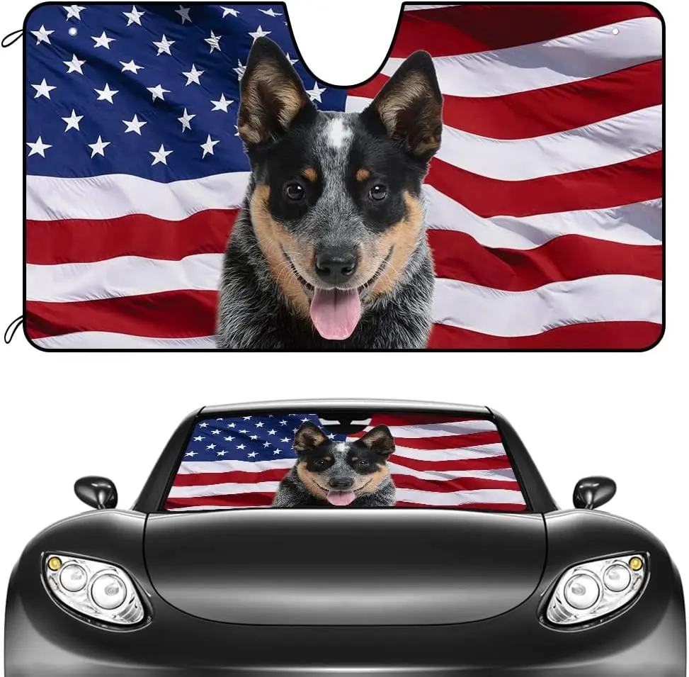 CafeTime-강아지 자동차 앞 유리 차양, 블루 힐 러 강아지 미국 미국 국기 애국적인 차량 차양 바이저 UV 레이 반사판