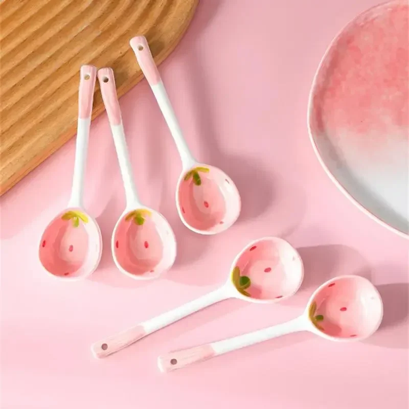 Strawberry Long Handled Ceramic Spoon Cute Household Stirring Spoon High Appearance Children's Soup soup spoon porcelain spoon