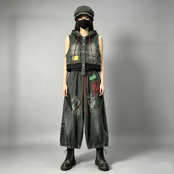 Trendy Fashionable Pant Set Women Summer Mesh Patchwork Denim Vest + Elastic Waist Wide-leg Pants Two-piece Set  ZXY004 1