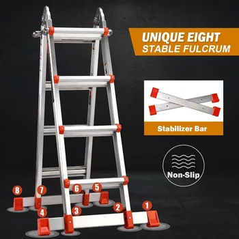 Ladder, A Frame 4 Step Extension Ladder, 17 Ft with Multi Position & Removable Tool Tray with Stabilizer Bar, 330 lbs Weight 2
