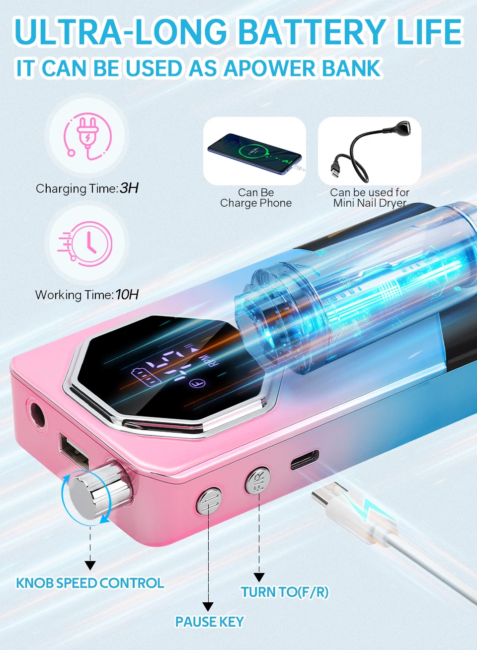 Description Picture 6 of itemDianaBeauty 45000RPM Nail Drill Machine Professional Nail Drills for Gel Nails Polish Rechargeable Portable Nail File Nail Art