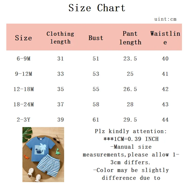 Fashion Summer Baby Boy 2PCS Outfit Dinosaur Print T-Shirt & Striped Shorts Casual Set for Toddler Newborn 0-3Y Casual Wear 6
