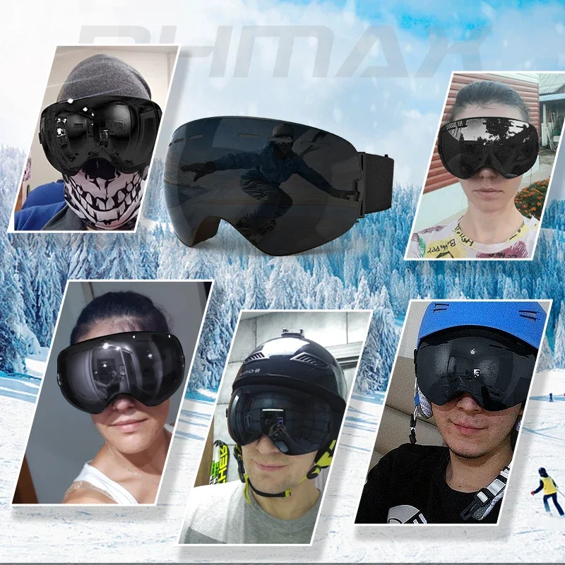 PHMAX Black Ski Goggles OTG Anti fog Snow Goggles TPU Frame UV Protection Snowboard for Men Women Adult Youth Cool Gift