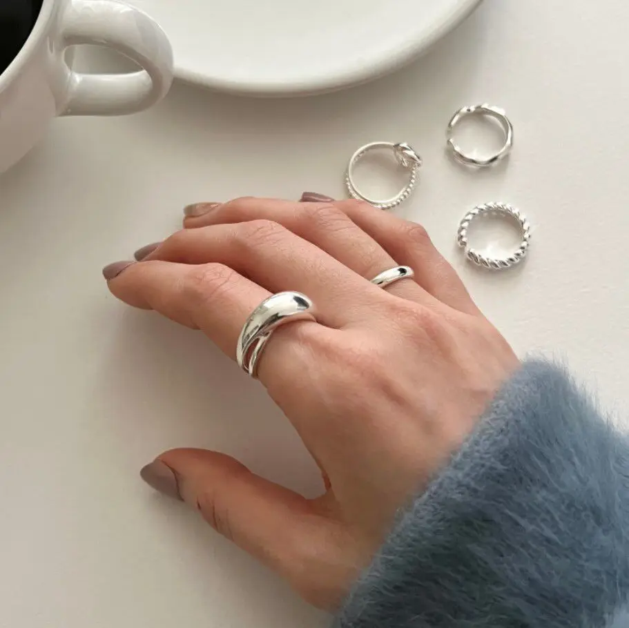 Silver Rings Silver Ring PANJBJ 925 Sterling Silver Wide Smooth Ring for Women Girl Irregular Simple Fashion Adjustable Jewelry Gift