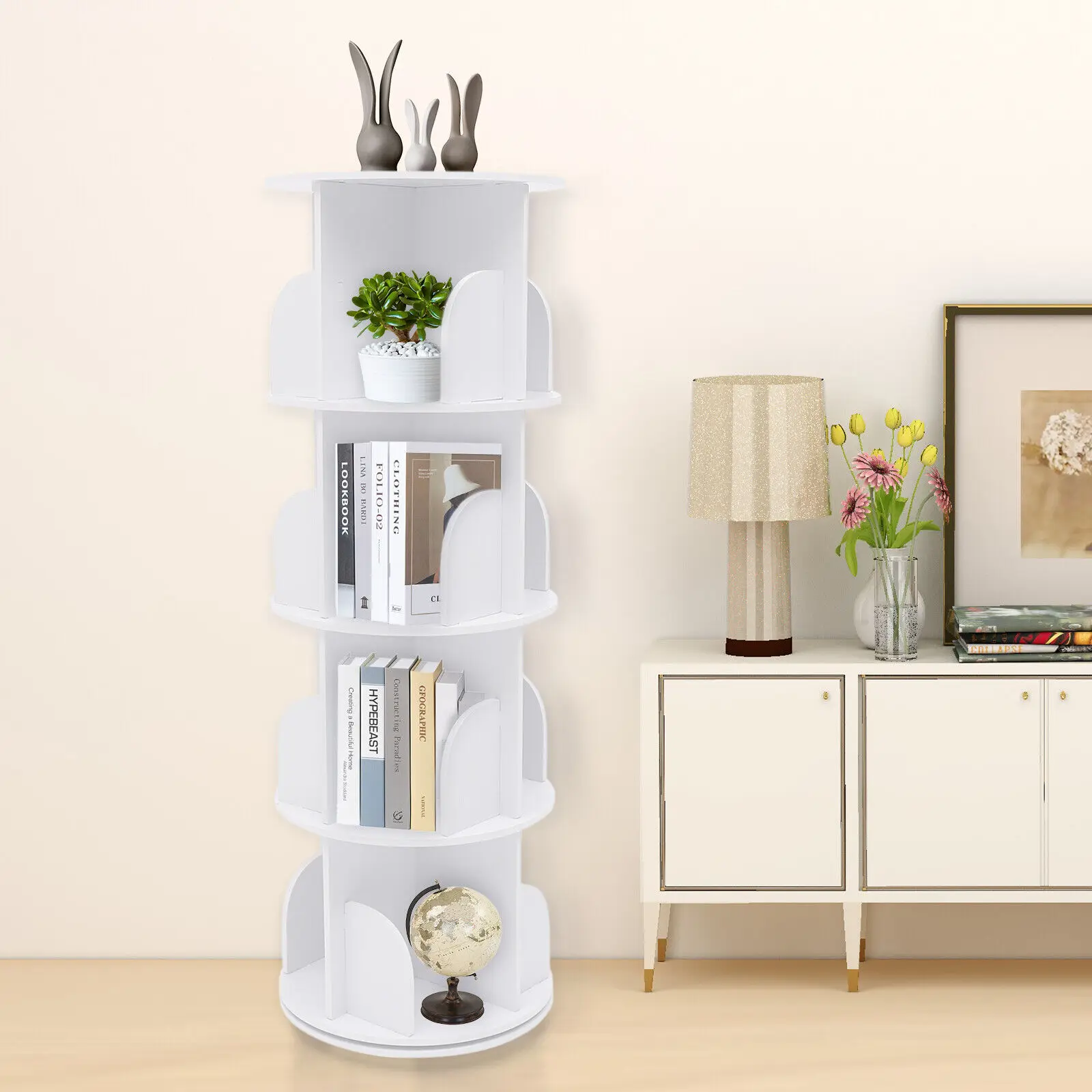 4-Layer Rotating Bookshelf Bookcase,360° Freestanding Storage Shelf Display Rack Bookcases Furniture 4