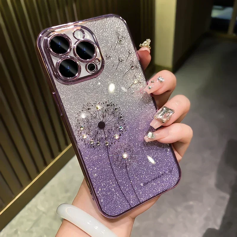 thumbnail image 1 of Funda con diseño de diente de león con purpurina y degradado chapado para iPhone 15, 12, 11, 13, 14, 16 Pro Max, Mini, X, Xs, Xr, 7, 8 Plus, SE2, funda suave con diamantes brillantes, 1 of 5