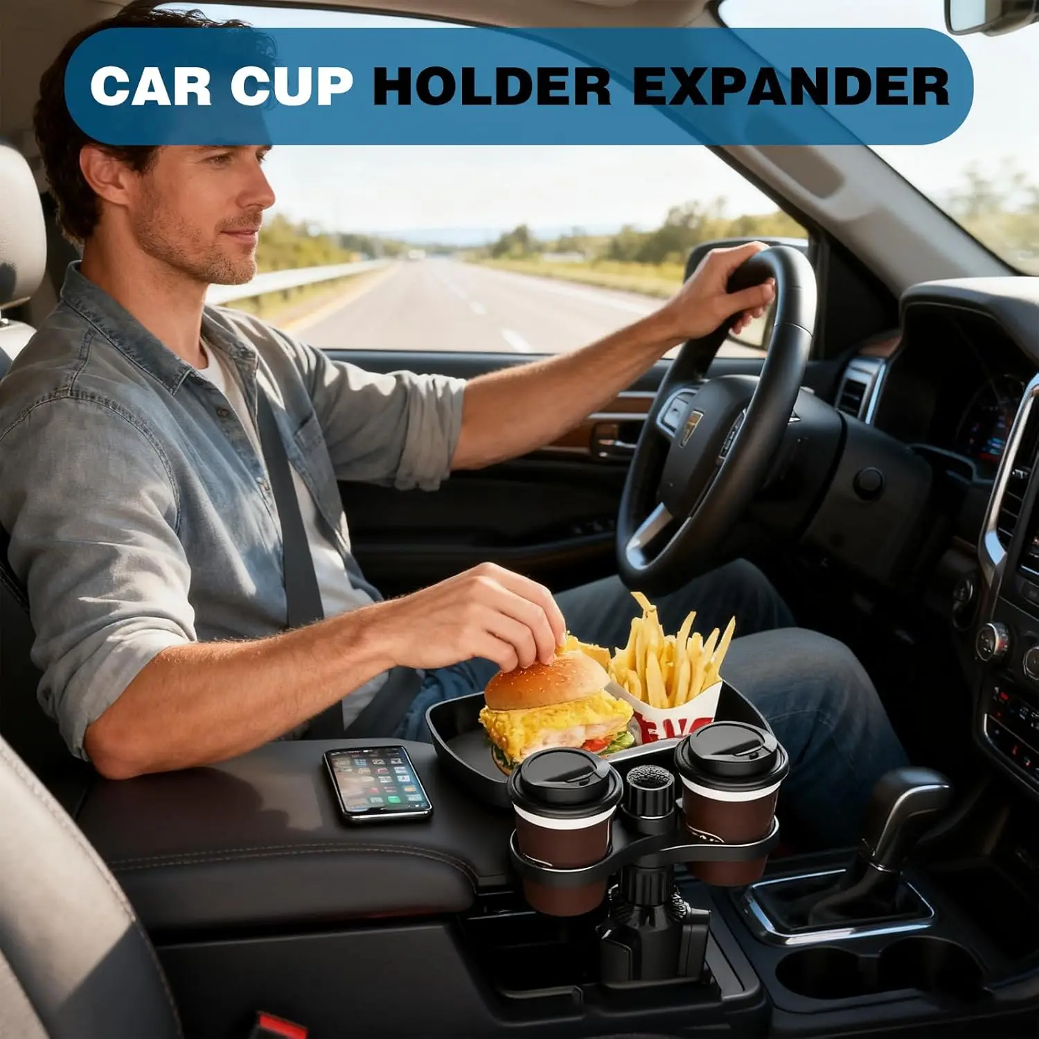 Universal Dual Cup Holder Expander with 360° Rotating Snack and Drink Tray