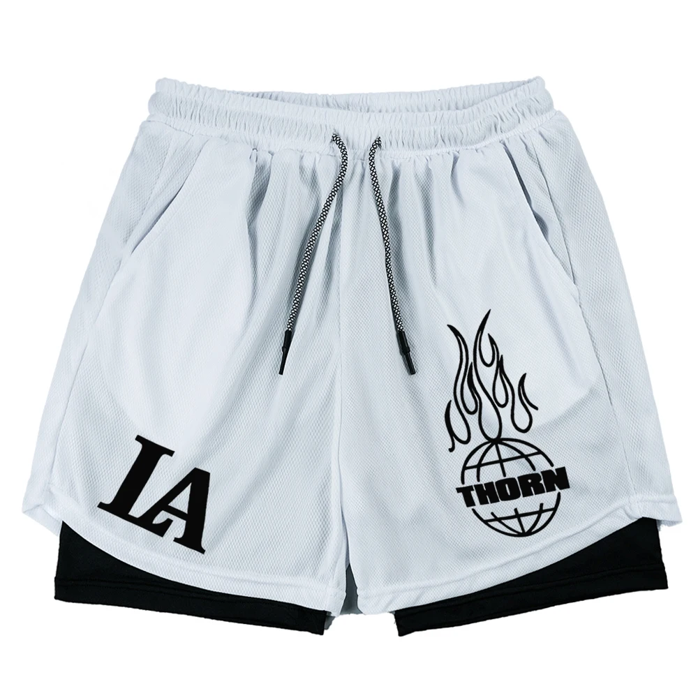 Summer Letter LA Shorts Men's 2-in-1 Compression Quick Dry Shorts GYM Training Double Layered Fitness Running Sports Short Pants 5