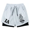 Summer Letter LA Shorts Men's 2-in-1 Compression Quick Dry Shorts GYM Training Double Layered Fitness Running Sports Short Pants 5