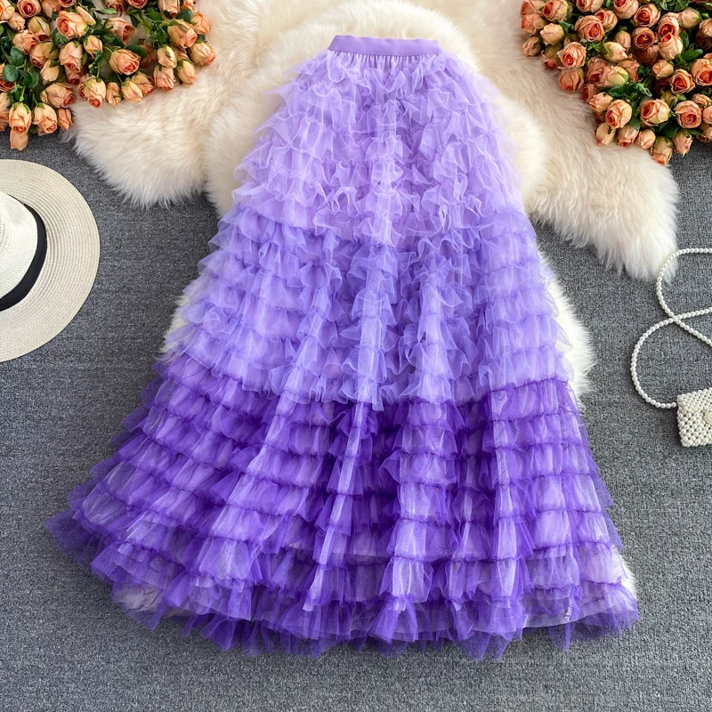 

2023 New Mid-Length Contrast Color Gradient Folds Mesh Skirt Summer Women Korean High Waist Pleated Skirt Ladies A-line Skirts