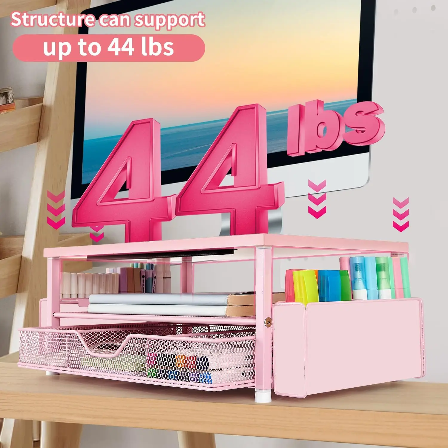 Pink Wood Monitor Stand with Drawer 5