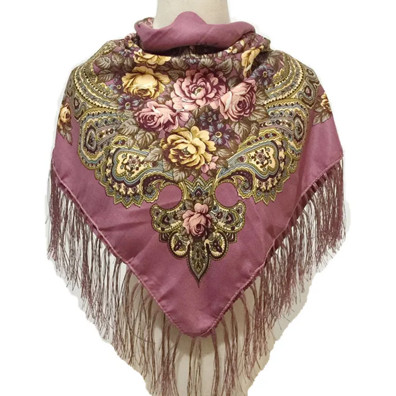 Russian Vintage Traditional Style Scarf  Women's Big Size Square Shawl Printed Tassel Headscarf Travel Dust and Sun Protection