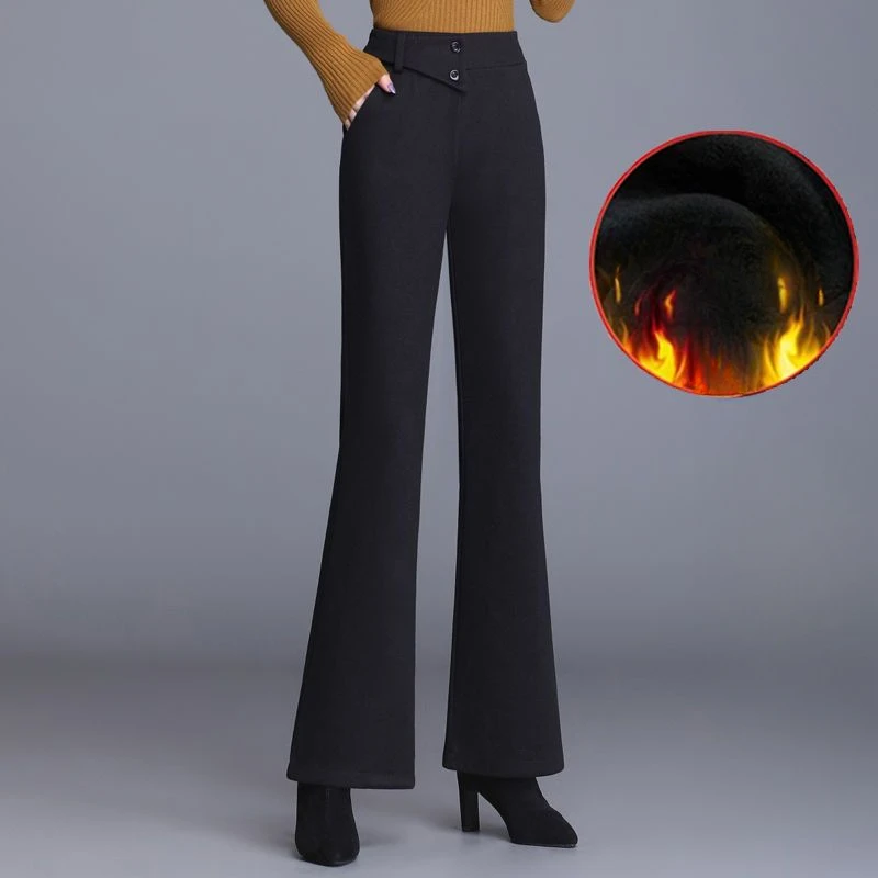 

2023 Women Autumn Winter Fashion Thicken Woolen Flare Pants Female Solid High Waist Trousers Ladies Slim Pockets Pants O591