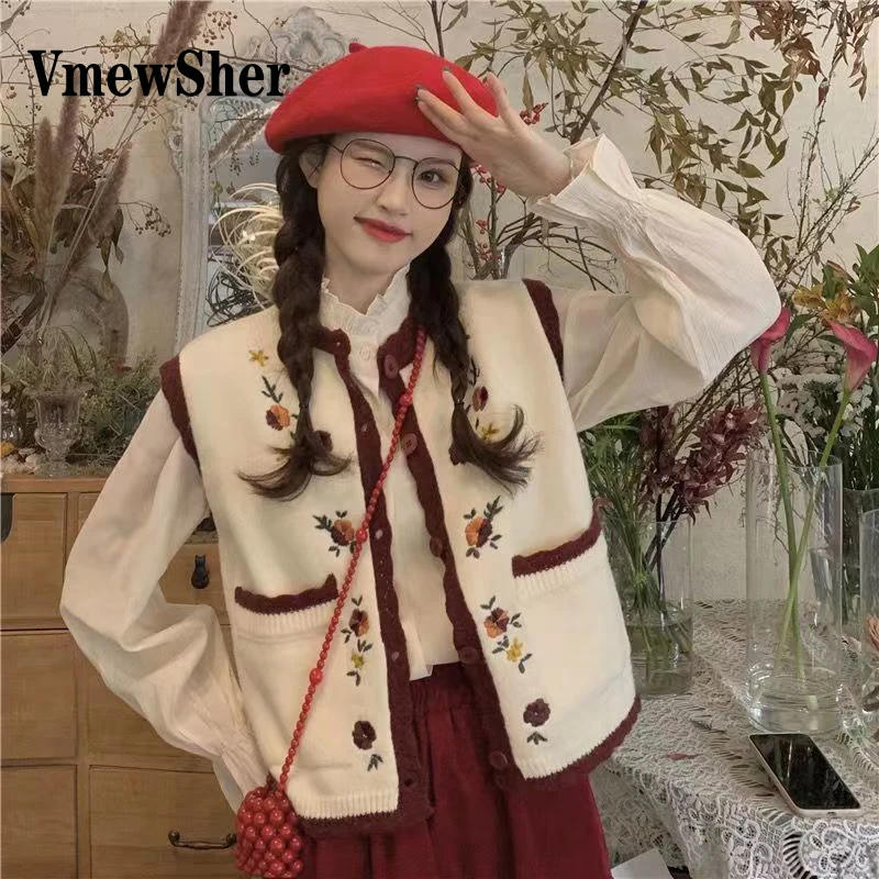 

Женский трикотажный жилет VmewSher в стиле девушки Мори с вышивкой, новинка 2023, верхняя одежда, милый однобортный свитер без рукавов с круглым вырезом, топы