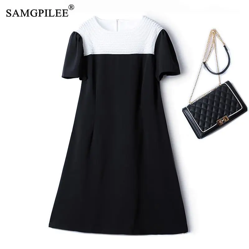 

Elegant Dresses For Women Luxury European Heavy Industry Beaded O Neck Contrast Hepburn Style Slim Drape Short-sleeved Dress 4XL