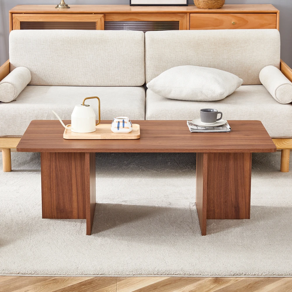44.8 Inch Walnut Wood Grain MDF Coffee Table Modern Luxury Stable Triangular Support The Coffee Table Is Made of Medium Density 3