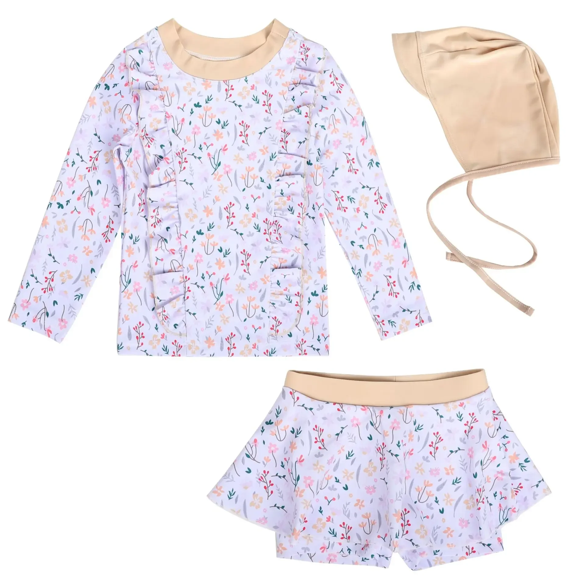 Children's Swimsuit for Girls 2025 New Style Split Long Sleeved Short Skirt Sunscreen Hat Quick Drying Four Piece Set Swimsuit - 5