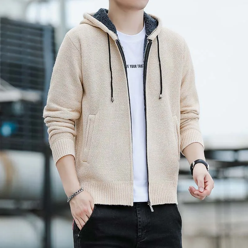 Hooded Men's Knitted Spring and Autumn Style Plush Men's 2023 Korean Version Trend Loose Zipper Pocket Versatile Sweater Jacket