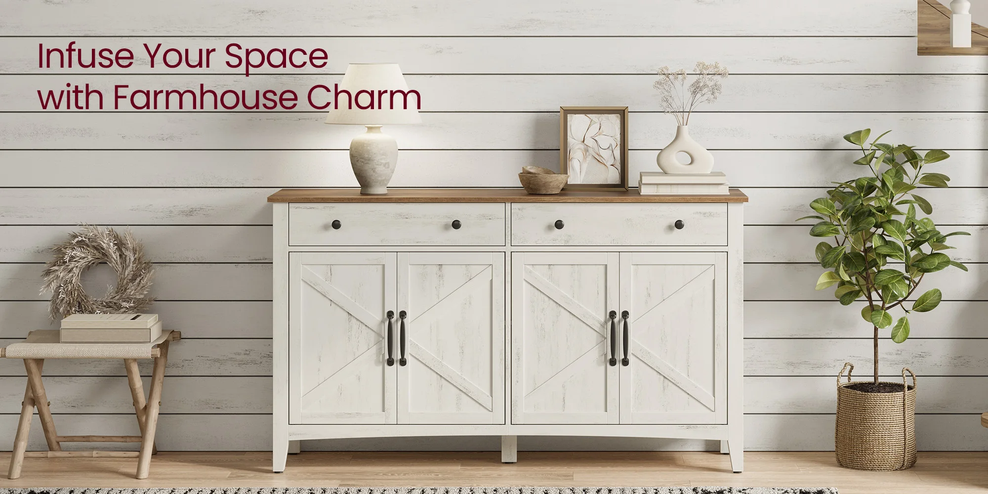 VASAGLE Coffee Bar Cabinet, Kitchen Storage Cabinet with 2 Drawers, Farmhouse Cabinet Sideboard with Adjustable Shelves