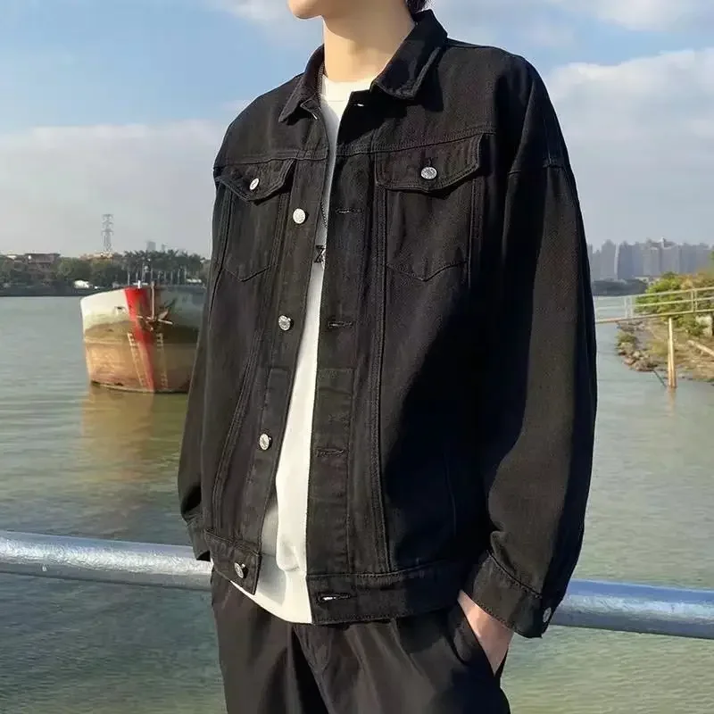 thumbnail image 1 of Abrigo vaquero para hombre, chaqueta vaquera negra de otoño, chaqueta vaquera de una pieza para hombre, ropa masculina de marca de bajo coste al precio más bajo, holgada, lavada, a la moda, 1 of 5