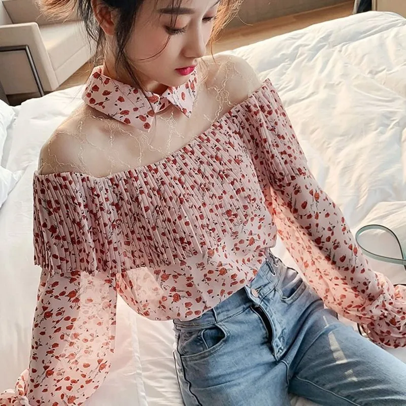 

Женская шифоновая блузка с цветочным принтом, в Корейском стиле
