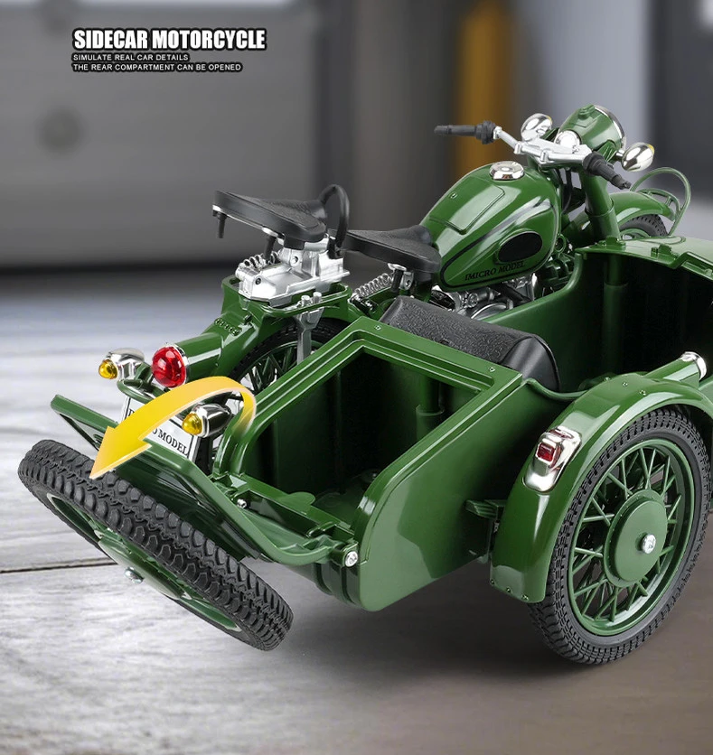 S47565b2ab8c647a4b2aa498c16c7b0a6H with-foam-box: 1/10 Alloy Retro Side-car Motorcycle Model Diecast Metal Classic Military Tricycle Motorcycle Model Sound and Light Kid Toy Gift