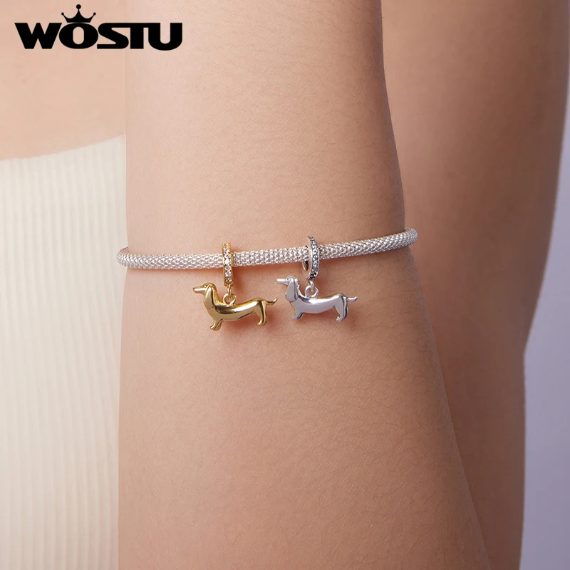 WOSTU 925 Sterling Silver Dachshund Pendant Necklace 18K Gold Pet Paw Chain Link Dog Charm bracelets Earrings Ring For Pet Lover 6