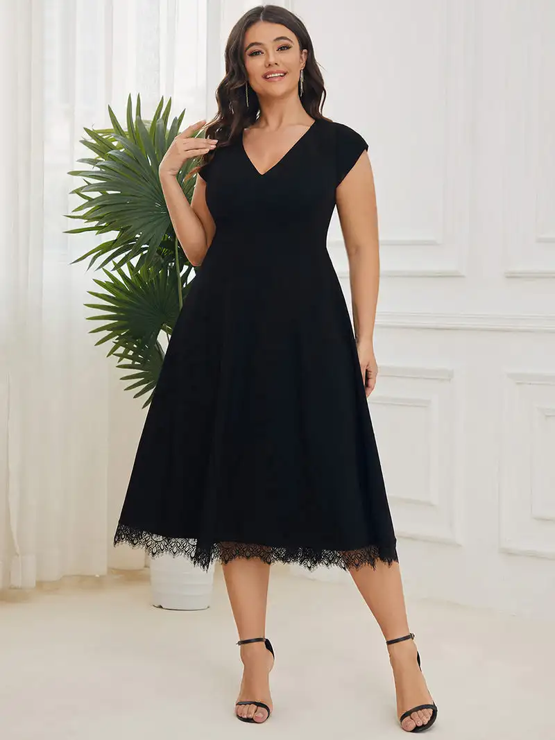 

Plus Size Evening Dresses Deep V Neck Cover Sleeves Hidden zipper Knee-Length 2023 Ever Pretty of A-Line Black Bridesmaid Dress