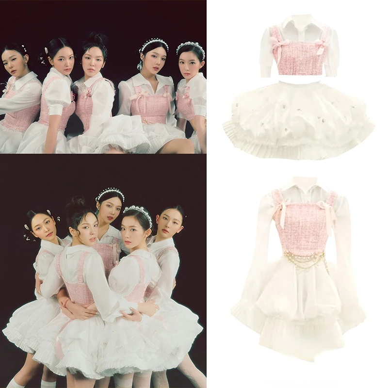 Korean Singer Women White Shirts Pink Vest Tops Festival Rave Kawaii Clothes Dancer Outfit Stage Costume Mini Princess Skirt kpop jazz dance clothes women group nightclub female singer sexy mini dress stage costumes camisole vest slim skirt rave outfits