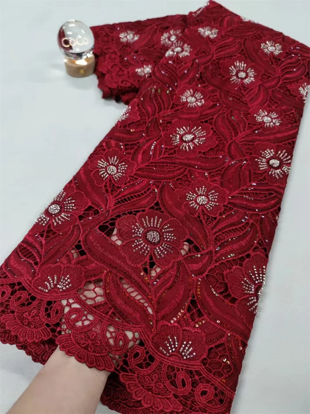 African chiffon lace fabric with beads high quality nigerian beads lace embroidery guipure fabric for wedding women
