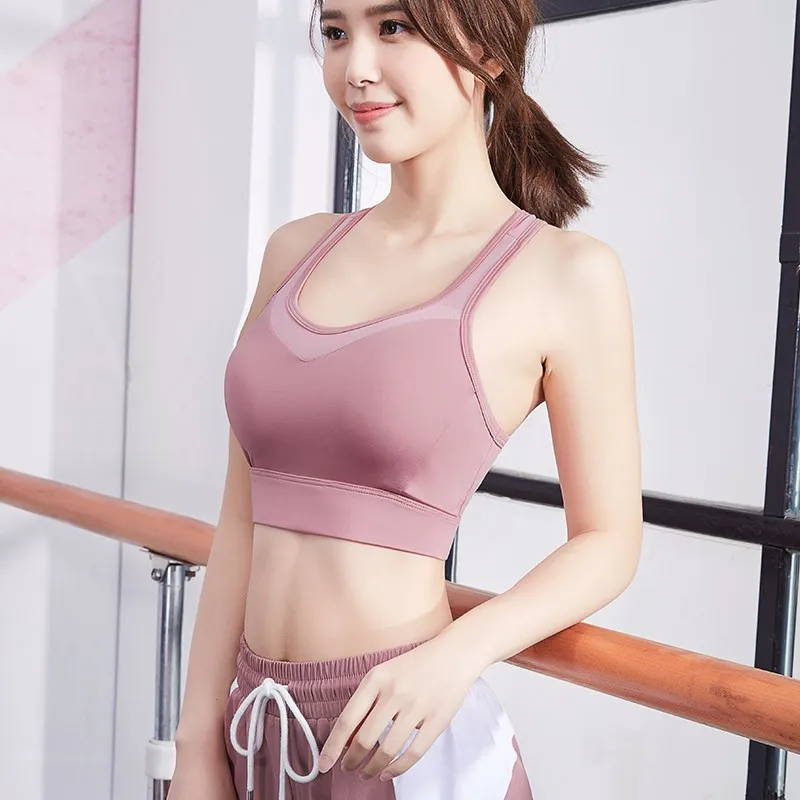 Vansydical Women Mesh Sports Bra V-Neck Yoga Tops Padded Athletic Gym Running Vests Push Up Fitness Workout Crop Tops