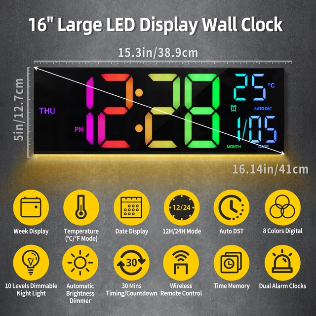 16" Large Digital Wall Clock, Big LED Display with Remote, 8 RGB Color, Alarm, DST, Temperature for Living Room, Kitchen - Image 2