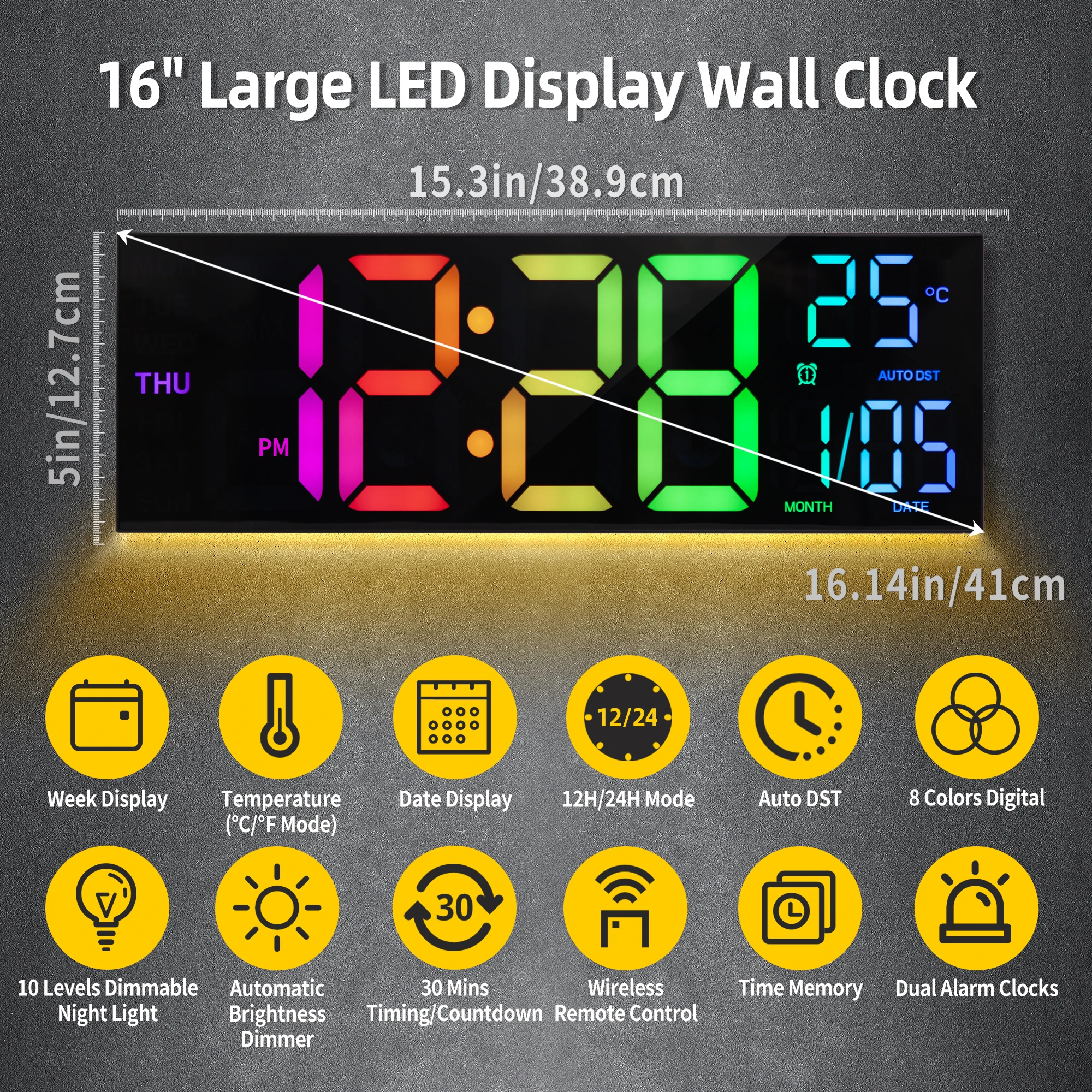 16" RGB LED Digital Wall Clock 2