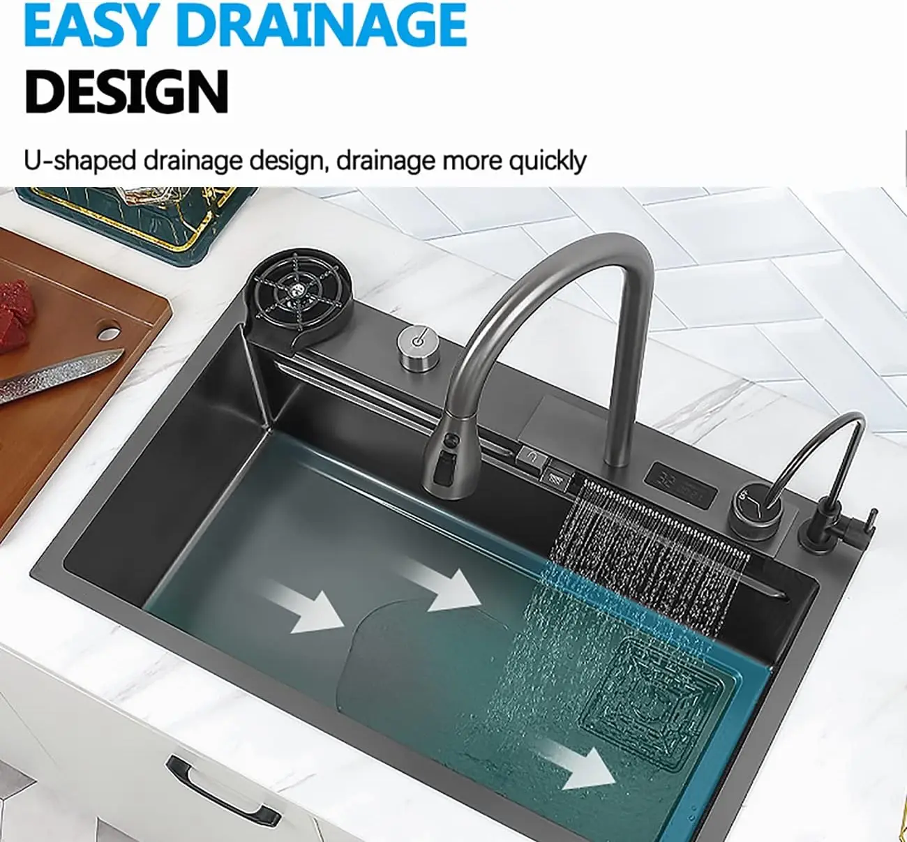 Black Nano Kitchen Sink Waterfall Sink with Pull Down Sprayhead Faucet Single Bowl Drop In Kitchen Sink 2