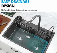 Black Nano Kitchen Sink Waterfall Sink with Pull Down Sprayhead Faucet Single Bowl Drop In Kitchen Sink 2