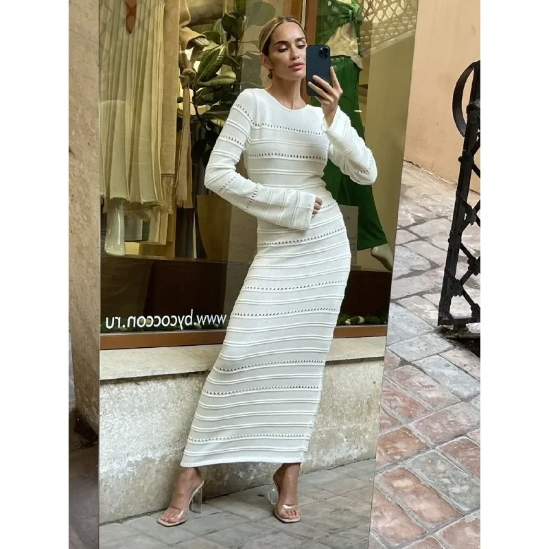 Striped Hollow Two-Wear Knitted Long Dress For Women Fashion Party Club Sweater Dress Vestido FemaleSlim Solid Outfits