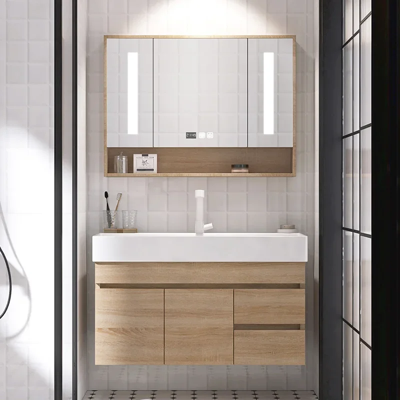 Modern Simple Large Basin Integrated Bathroom Cabinet Light Luxury Ceramic Washbasin Smart Mirror Log Color Washbasin Fixture