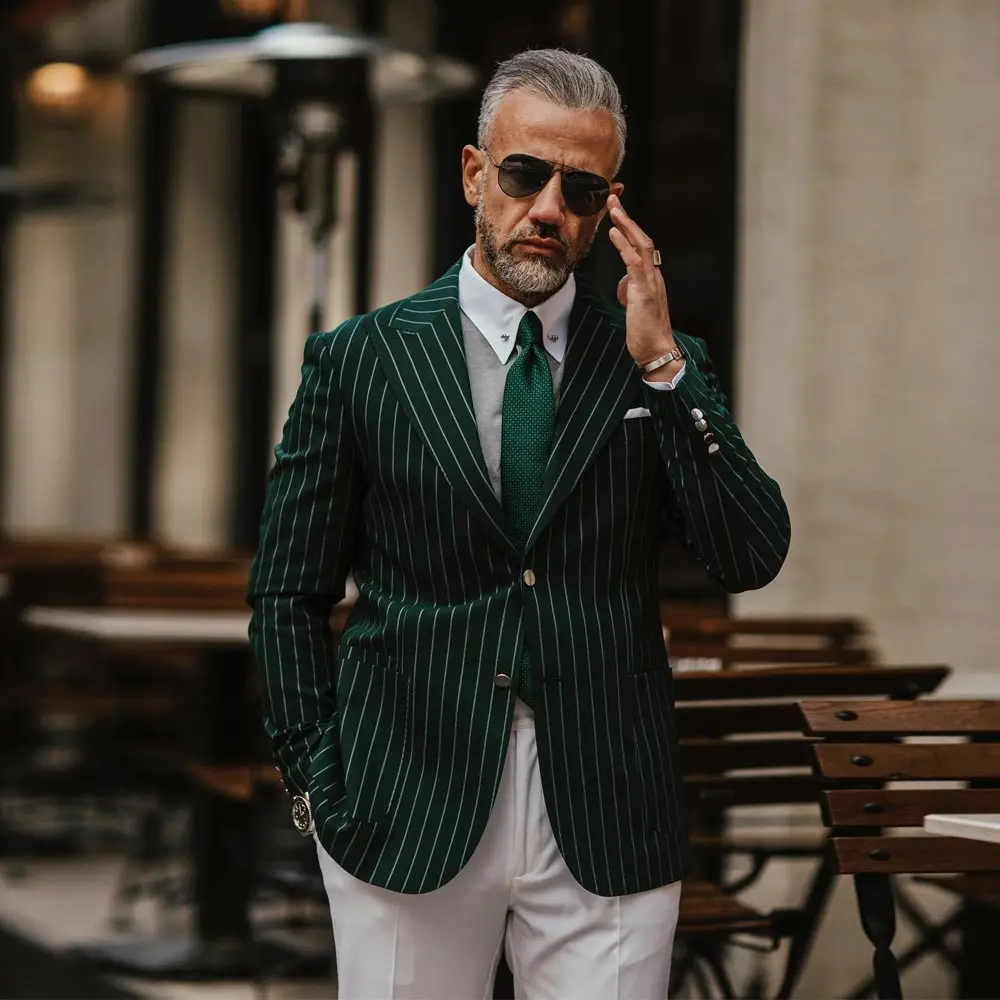 

Мужской костюм в Вертикальную Полоску, пиджак с заостренными лацканами, свадебные мужские смокинги, облегающая одежда для жениха, 2 предмета, пиджак и брюки для выпускного вечера