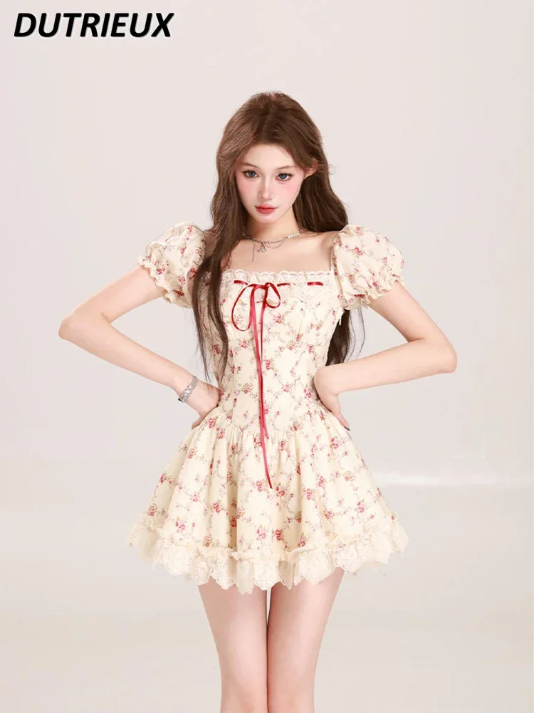 

Summer Sweet Hot Girl Square Collar Puff Sleeve Floral Short Dress Plump Girls Pure Design Sense Waist Slimming Dresses