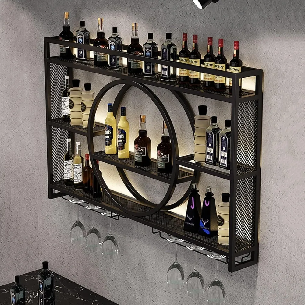 Wall Mounted Metal Wine Storage Rack with LED Light