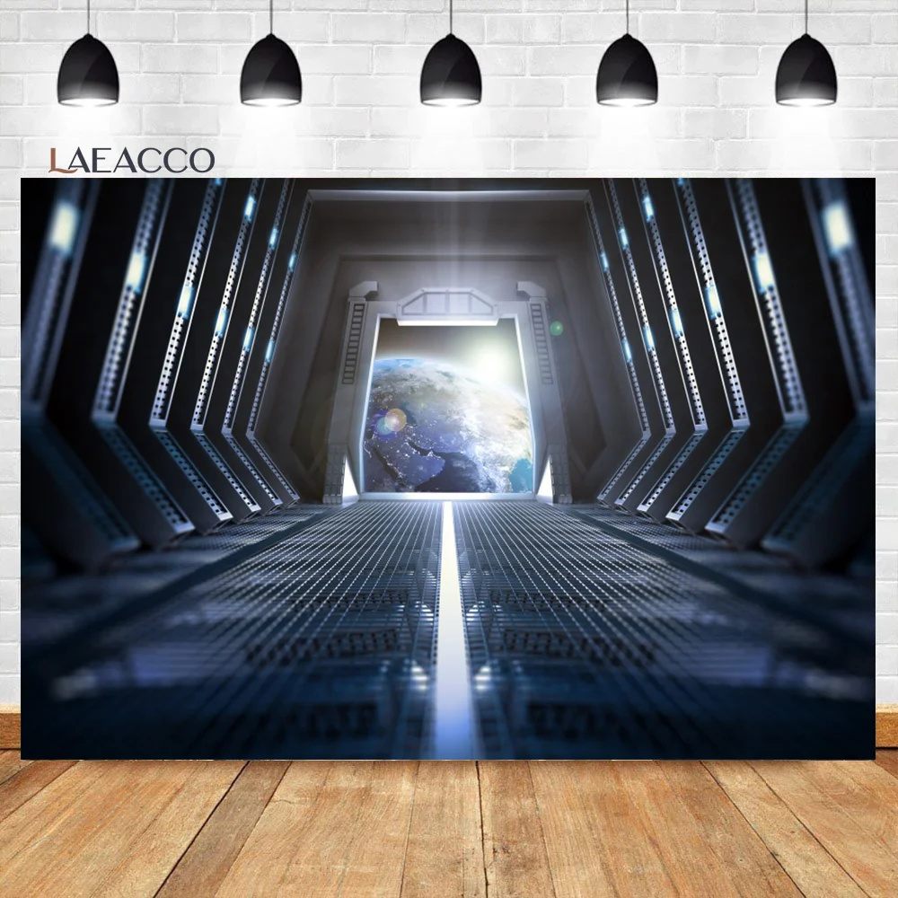 

Laeacco Universe Space Station Photography Background Photozone Kids Birthday Capsule Spaceship Photographic Photo Backdrop