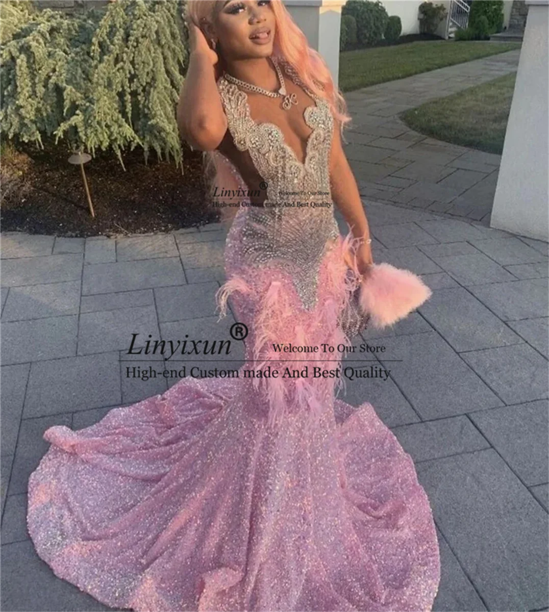 

Rose Pink Feathers Rhinestone Sequin Black Girl Prom Dresses Mermaid Elegant Dress For Wedding Party See Through Sexy African