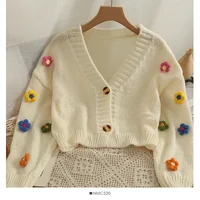 PTKPCC New Autumn Colourful Applique Flower Cardigan for Women Cute Long  V-neck Knit Crop Sweater Girl Soft Knitwear 1
