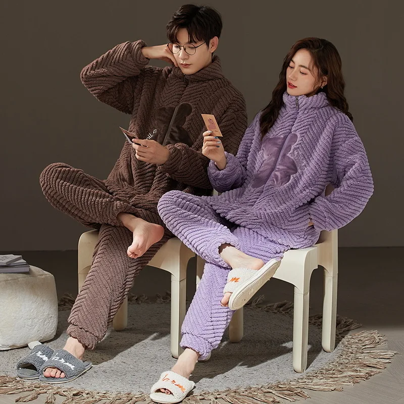 Couple Pajamas Women Flannel Sleepwear Winter Fleece Thick Warm Coral Fleece Men's Zipper Pijama Set Large size Homewear hombre