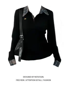 American POLO Collar Checkered Long-sleeved T-shirt Women Spring Fall New Slim Fit Embroidered Elegant Fake Two-piece Top 1