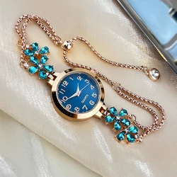Elegant Women's Fashion Watch with Diamond - Set Floral Accents (Blue)