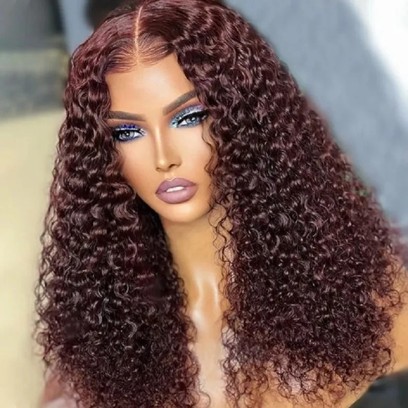 

Kinky Curly 99J Burgundy Wine Red 13X4 Lace Front Wig For Women Synthetic Hair Wigs Glueless Soft Preplucked 180Density Cosplay