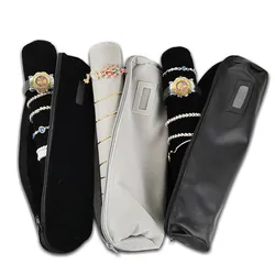 Organizador portátil de terciopelo/cuero para reloj, pulsera, caja de exhibición, rollo de viaje para joyería, bolsa de almacenamiento